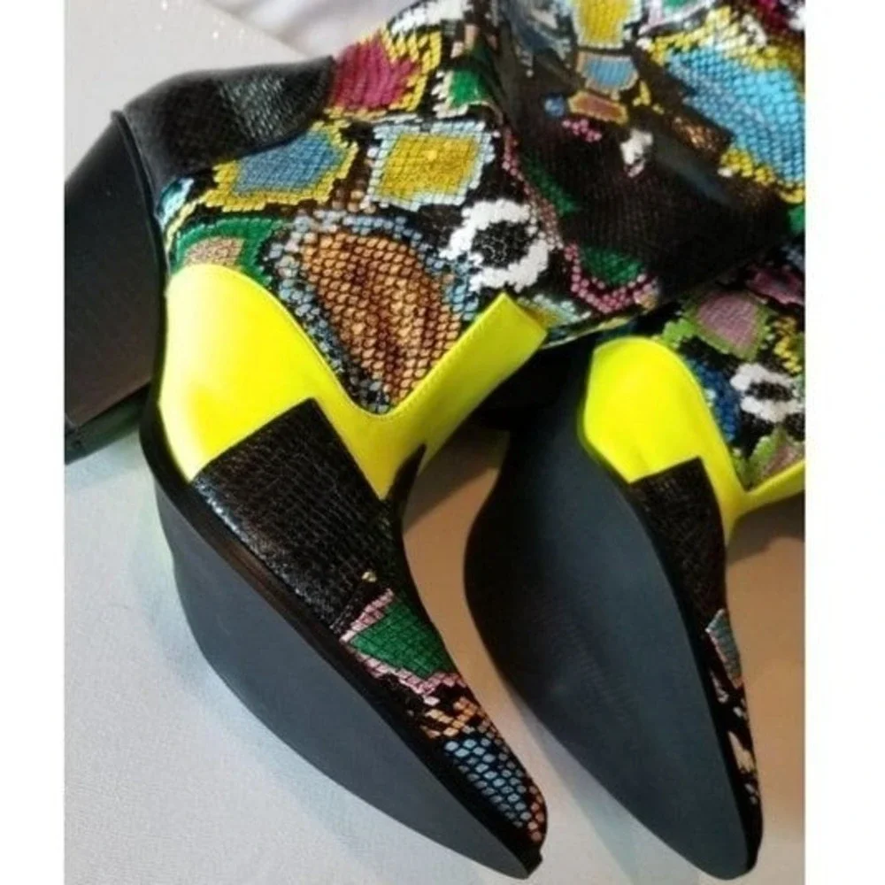 Snakeskin Print Cowboy Boots Western Neon‎ Yellow Accents Trendy Colorful